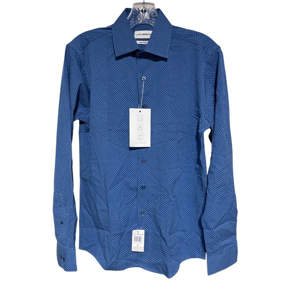 Lucky Brand Blue Geo Print Button Up Shirt 4-Way Stretch Wrinkle Free Mens Small